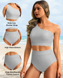 Emoswim - One Shoulder High Waisted Bikini Sets Two Piece Swimsuit Tummy Control-Black Stripes