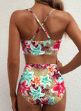 Emoswim - Sommer Zweiteiliges Bikini-Set U-Bügel Cut-Out High Waist Badeanzug - Grün Pinke Lilie