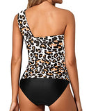 Emoswim - Sexy Two Piece One Shoulder Swim Top Shorts-Black And Leopard