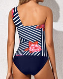 Emoswim - Tankini Bathing Suits For Women One Shoulder Swim Top And Shorts Swimsuits-Blue Floral