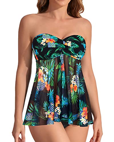 Emoswim - Flyaway Halter Bandeau Tankini For Women Mid Rise Bottoms-Black Pineapple