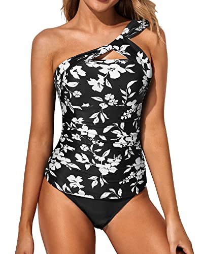 Emoswim - Supportive Padded Bra 2 Piece Tankini Bathing Suits For Women Shorts-Black Floral