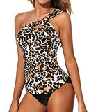 Emoswim - Sexy Two Piece One Shoulder Swim Top Shorts-Black And Leopard