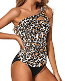 Emoswim - Sexy Two Piece One Shoulder Swim Top Shorts-Black And Leopard