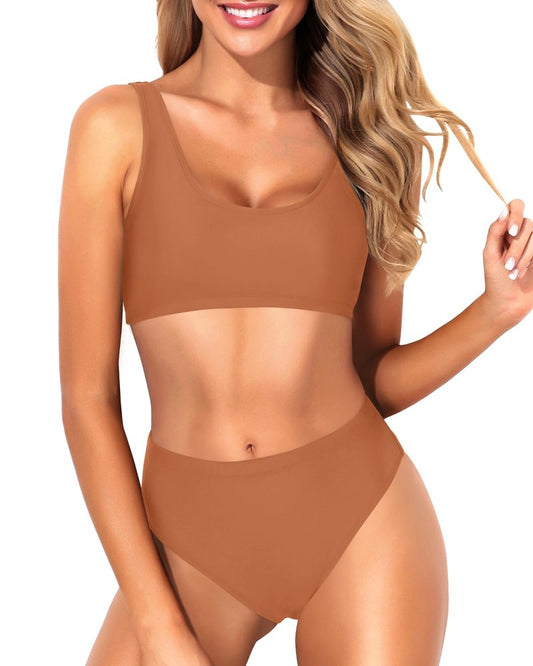 Emoswim - Removable Padded Swimsuit Two Piece Scoop Neck Bikini For Women-Brown