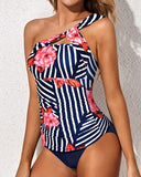 Emoswim - Tankini Bathing Suits For Women One Shoulder Swim Top And Shorts Swimsuits-Blue Floral