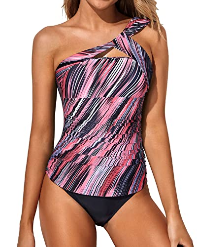Emoswim - Sexy Asymmetrical Tankini Top 2 Piece Tankini Bathing Suits For Women Shorts-Pink Stripe