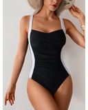 Emoswim - Women One Piece Swimsuit Ruched Tummy Control Bathing Suit Slimming Color Block Swim Suit Swimwear-Black