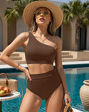 Emoswim - One Shoulder High Waisted Bikini Sets Two Piece Swimsuit Tummy Control-Coffee