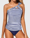 Emoswim - Stylish One Shoulder Swim Top 2 Piece Tankini Bathing Suits For Women Shorts-Blue White Stripe