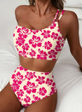 Emoswim - Damen High Waist Bikini-Sets One-Shoulder Floral Print Badeanzüge 2-teilig Bauchweg Bademode