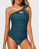 Emoswim - Elegant Two Piece One Shoulder Swim Top Shorts-Teal
