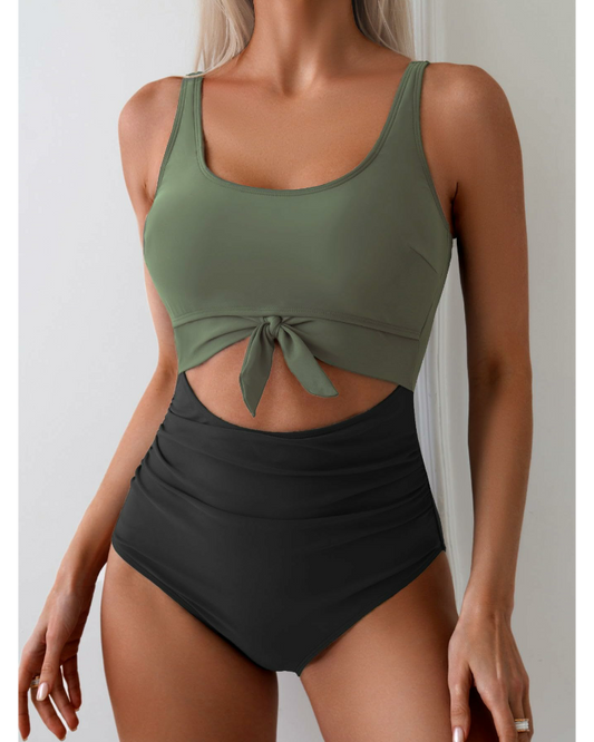 Emoswim - Women's One Piece Swimsuit Tummy Control Slimming Bathing Suit Cutout Tie Knot Swimwear-Green
