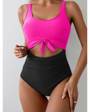 Emoswim - Women's One Piece Swimsuit Tummy Control Slimming Bathing Suit Cutout Tie Knot Swimwear-Rose