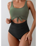 Emoswim - Women's One Piece Swimsuit Tummy Control Slimming Bathing Suit Cutout Tie Knot Swimwear-Green
