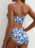 Emoswim - Damen High Waist Bikini-Sets One-Shoulder Floral Print Badeanzüge 2-teilig Bauchweg Bademode
