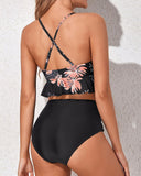 Emoswim - Tummy Control Two Piece Bikini Set Deep V Neckline-Black Floral