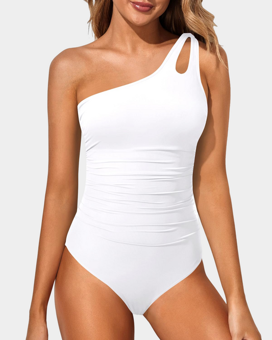 Emoswim - One Shoulder One Piece Swimsuit for Women Tummy Control Bathing Suits-White