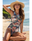 Emoswim - Ruched Front Leaf Print One Piece Swimsuit-Tropical Palm