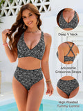 Emoswim - Women Embroidery Print High Waisted Bikini Sets V Neck Tummy Control Bathing Suit Two Piece Curvy Swimsuits