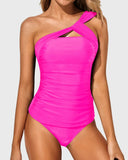 Emoswim - Elegant Shorts Swimsuit Ruched One Shoulder Tankini-Neon Pink