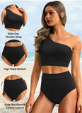 Emoswim - One Shoulder High Waisted Bikini Sets Two Piece Swimsuit Tummy Control-Black