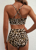Emoswim - Sommer Zweiteiliges Bikini-Set U-Bügel Cut-Out High Waist Badeanzug - Leopard Pinke Lilie