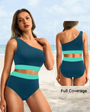 Emoswim - One Shoulder High Waisted Bikini Sets Two Piece Swimsuit Tummy Control-Teal Green