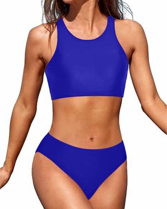 Emoswim - High Neck Crop Top Bikini Set 2 Piece Bathing Suits For Teen Girls-Royal Blue