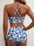 Emoswim - Sommer Zweiteiliges Bikini-Set U-Bügel Cut-Out High Waist Badeanzug - Blau Floral