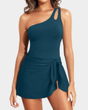 Emoswim - One-Shoulder Badekleid für Damen Bauchweg Badeanzug mit Rock - Grün