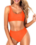 Emoswim - Two Piece Scoop Neck Bikini High Waisted Bottoms For Long Torso-Neon Orange