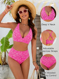 Emoswim - Damen Stickerei-Print High Waist Bikini-Sets V-Ausschnitt Bauchweg Bademode Zweiteilige Curvy Badeanzüge