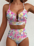 Emoswim - Sommer Zweiteiliges Bikini-Set U-Bügel Cut-Out High Waist Badeanzug - Pink Floral