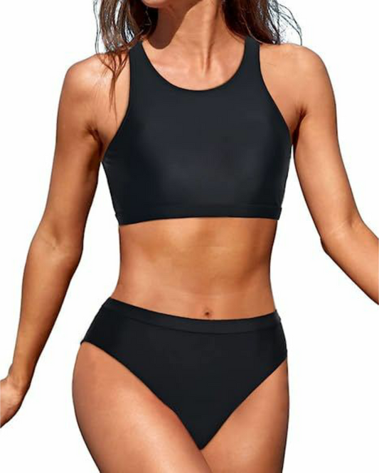 Emoswim - High Neck Crop Top Bikini Set 2 Piece Bathing Suits For Teen Girls-Black