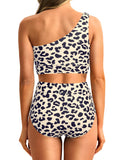 Emoswim - One-Shoulder High Waist Bikini-Sets Zweiteiliger Badeanzug Bauchweg - Leopard