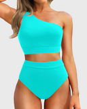 Emoswim - One Shoulder High Waisted Bikini Sets Two Piece Swimsuit Tummy Control-Aqua