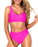 Emoswim - Cheeky High Waisted Bathing Suit Crop Top High Cut Swimsuit-Neon Pink