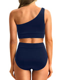 Emoswim - One Shoulder High Waisted Bikini Sets Two Piece Swimsuit Tummy Control-Navy Blue