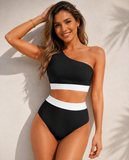 Emoswim - One-Shoulder High Waist Bikini-Sets Zweiteiliger Badeanzug Bauchweg - Schwarz Weiß