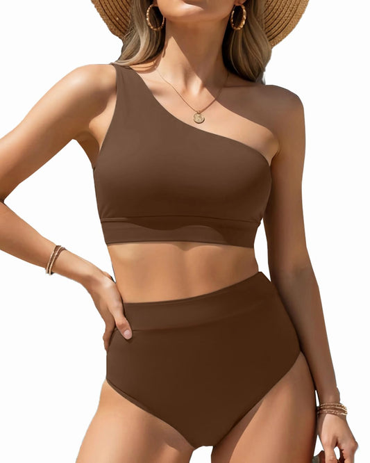 Emoswim - One Shoulder High Waisted Bikini Sets Two Piece Swimsuit Tummy Control-Coffee