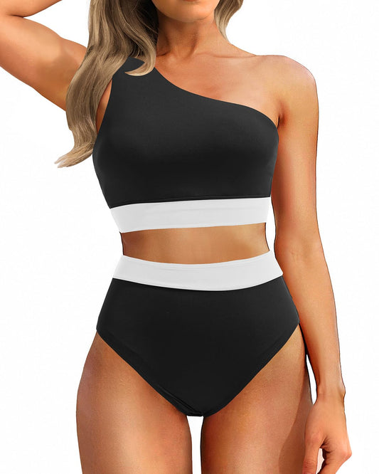 Emoswim - One Shoulder High Waisted Bikini Sets Two Piece Swimsuit Tummy Control-Black White