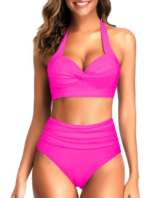 Emoswim - High Waisted Pleated Front Panel Women's Bikini Swimsuits-Neon Pink
