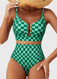 Emoswim - Sommer Zweiteiliges Bikini-Set U-Bügel Cut-Out High Waist Badeanzug - Grün Kariert