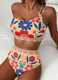 Emoswim - Damen High Waist Bikini-Sets One-Shoulder Floral Print Badeanzüge 2-teilig Bauchweg Bademode
