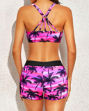 Emoswim - Damen 3-teiliger Scoop-Ausschnitt Criss-Cross Tankini Badeanzug - Schwarz Pinke Palme