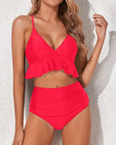 Emoswim - Two Piece Charming Deep V Neck Tummy Control Bikini Set-Neon Red
