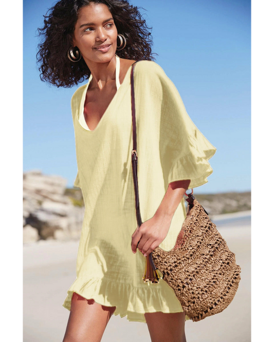 Emoswim - V Neck Solid Color Cover Up-Apricot