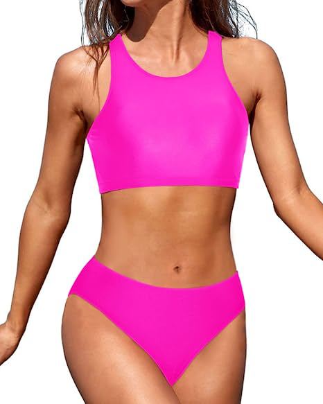 Emoswim - High Neck Crop Top Bikini Set 2 Piece Bathing Suits For Teen Girls-Pink