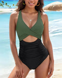 Emoswim - Womens One Piece Swimsuits Push Up Tummy Control Bathing Suits V Neck Cutout Modest Swimwear-Green/Black